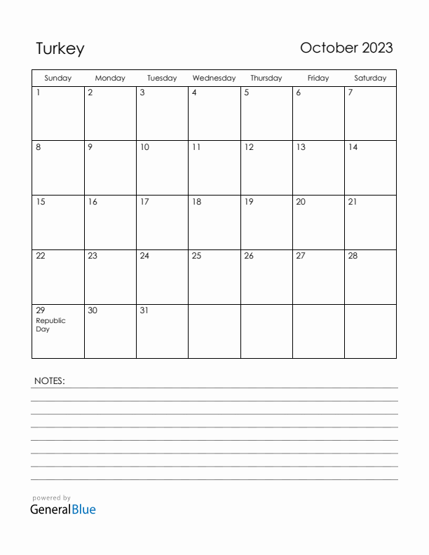 October 2023 Turkey Calendar with Holidays (Sunday Start)