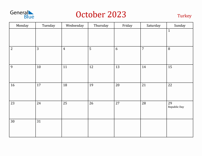 Turkey October 2023 Calendar - Monday Start