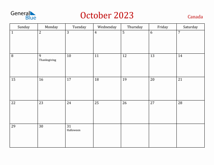 Canada October 2023 Calendar - Sunday Start