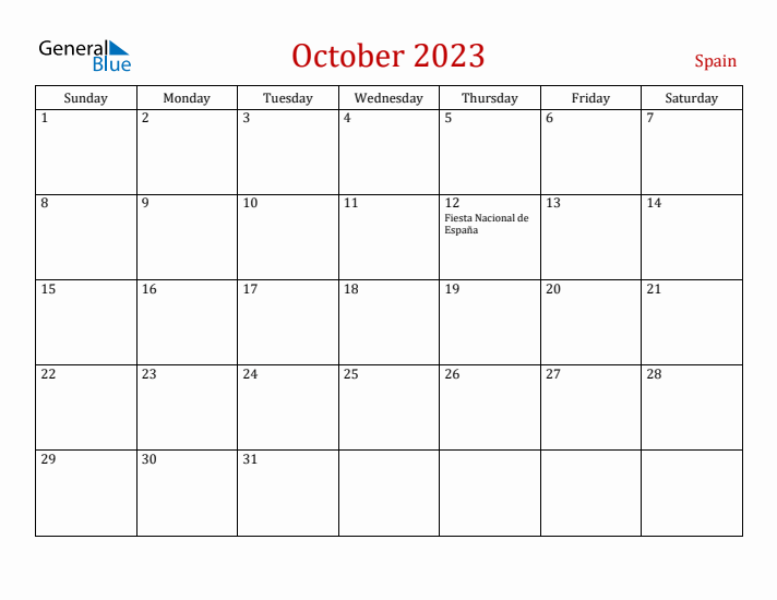 Spain October 2023 Calendar - Sunday Start