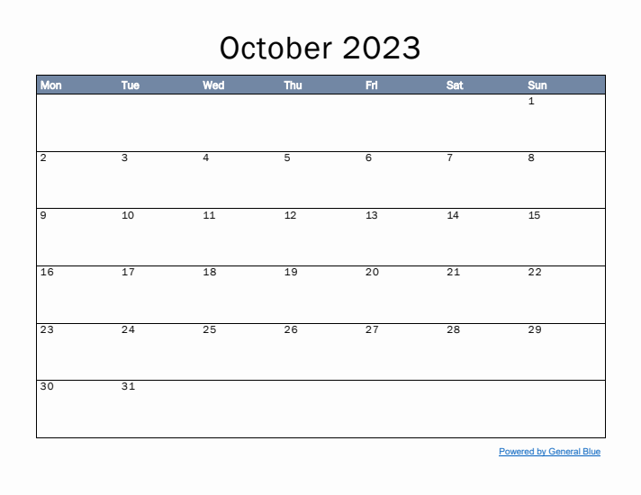 October 2023 Simple Month Calendar Template