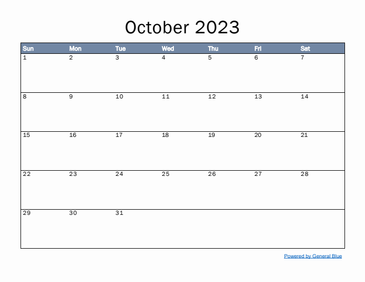 October 2023 Simple Month Calendar Template