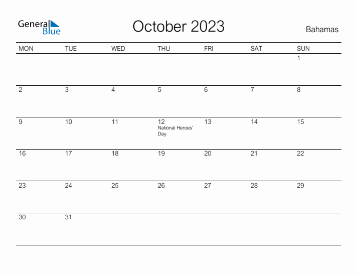 Printable October 2023 Calendar for Bahamas