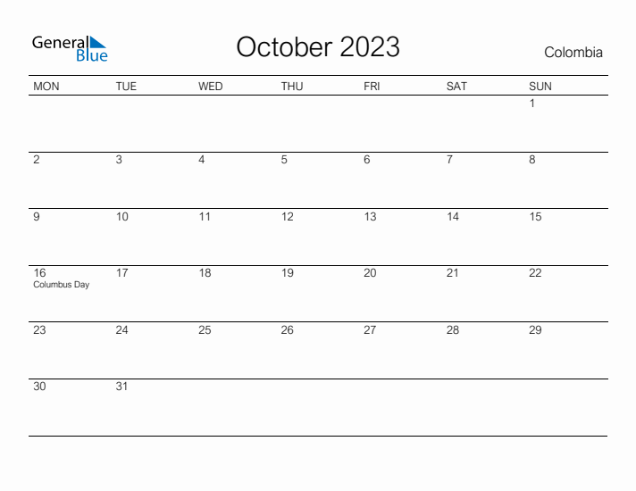 Printable October 2023 Calendar for Colombia