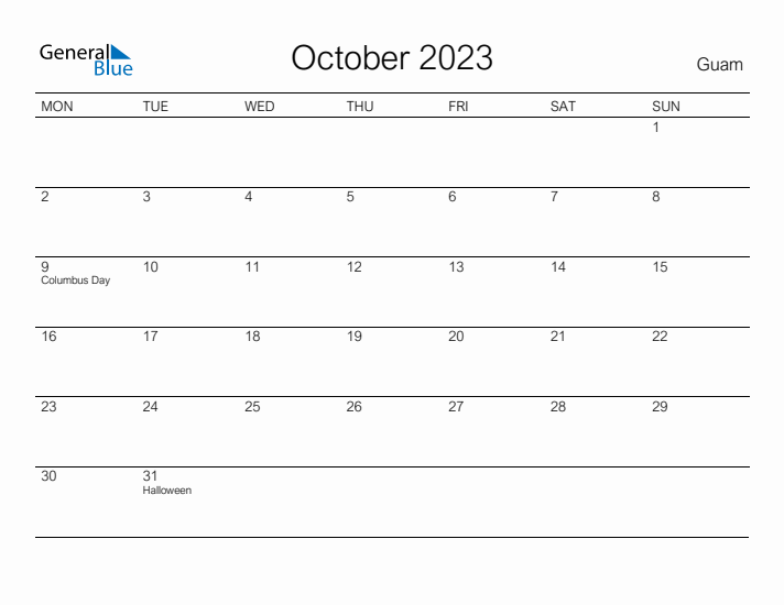 Printable October 2023 Calendar for Guam