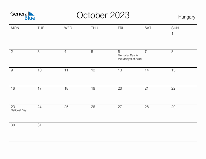 Printable October 2023 Calendar for Hungary