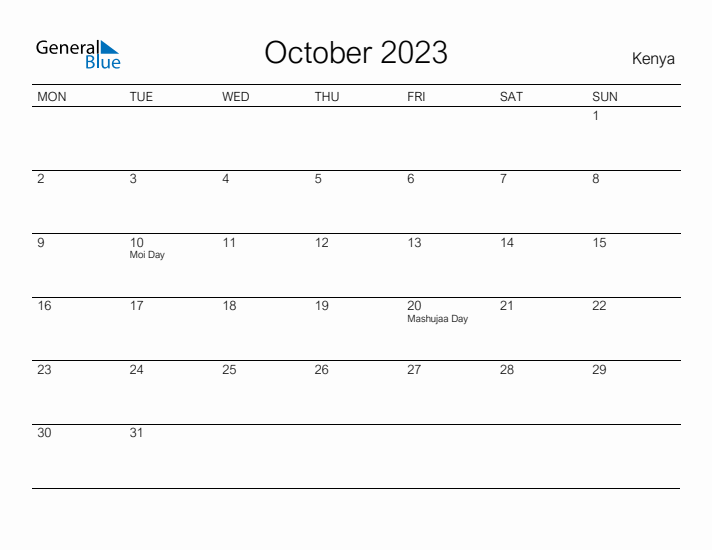 Printable October 2023 Calendar for Kenya