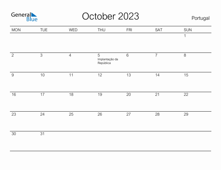 Printable October 2023 Calendar for Portugal