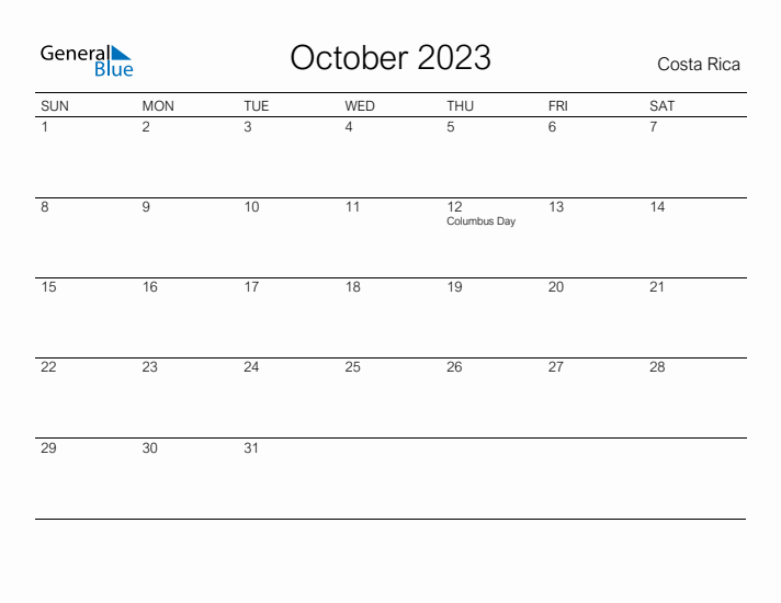 Printable October 2023 Calendar for Costa Rica