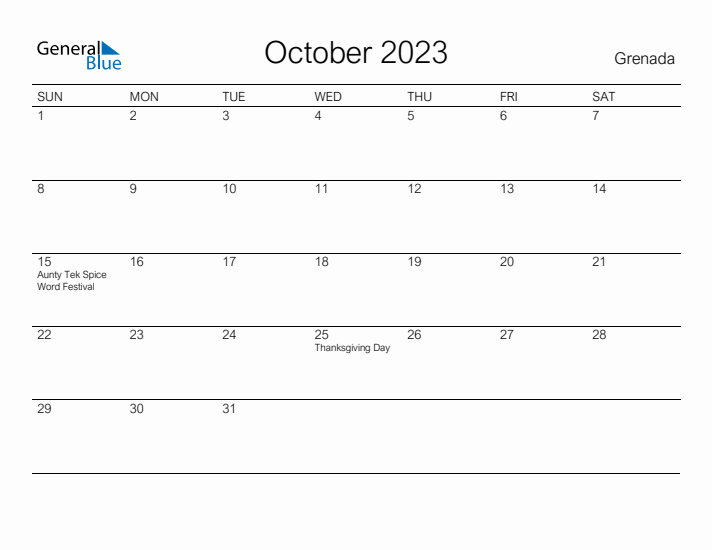 Printable October 2023 Calendar for Grenada