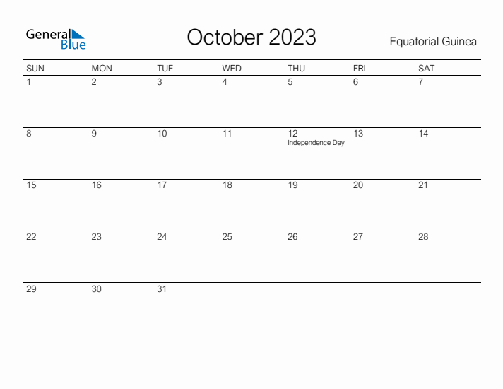 Printable October 2023 Calendar for Equatorial Guinea