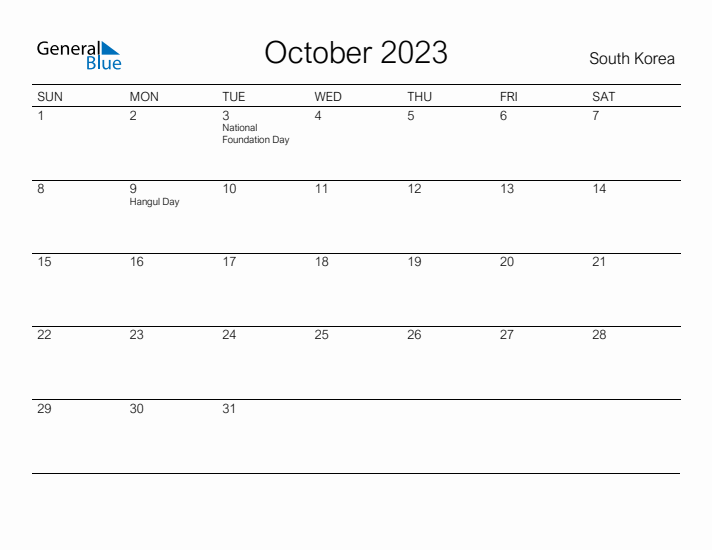 Printable October 2023 Calendar for South Korea