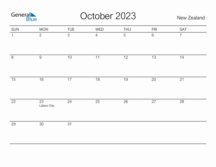 Printable October 2023 Calendar for New Zealand