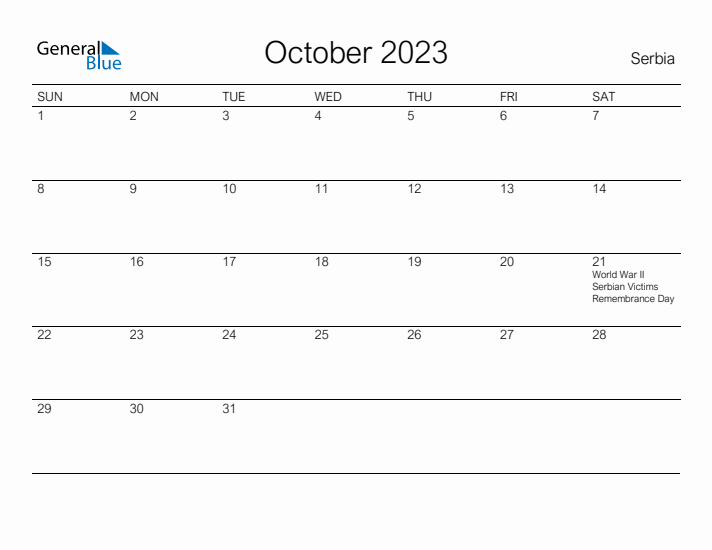 Printable October 2023 Calendar for Serbia