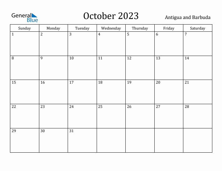 October 2023 Calendar Antigua and Barbuda