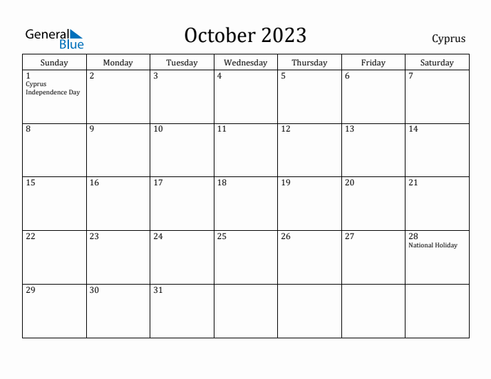 October 2023 Calendar Cyprus