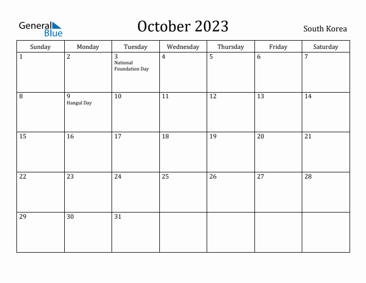 October 2023 Calendar South Korea