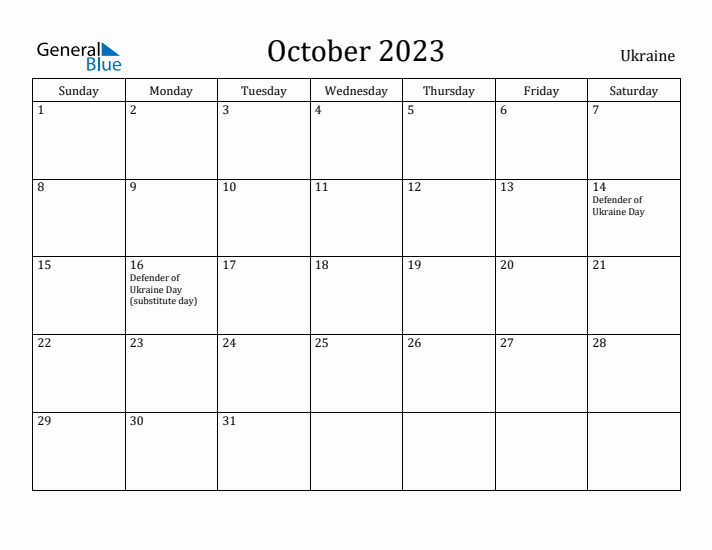 October 2023 Calendar Ukraine