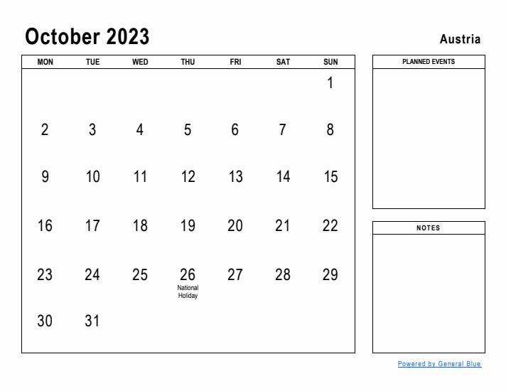 October 2023 Printable Monthly Calendar with Austria Holidays