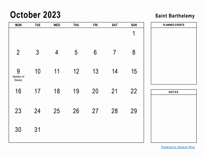 October 2023 Printable Monthly Calendar with Saint Barthelemy Holidays