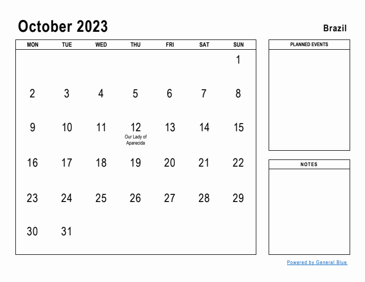 October 2023 Printable Monthly Calendar with Brazil Holidays