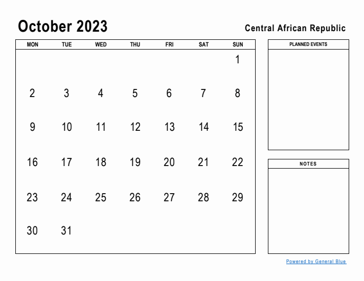 October 2023 Printable Monthly Calendar with Central African Republic Holidays