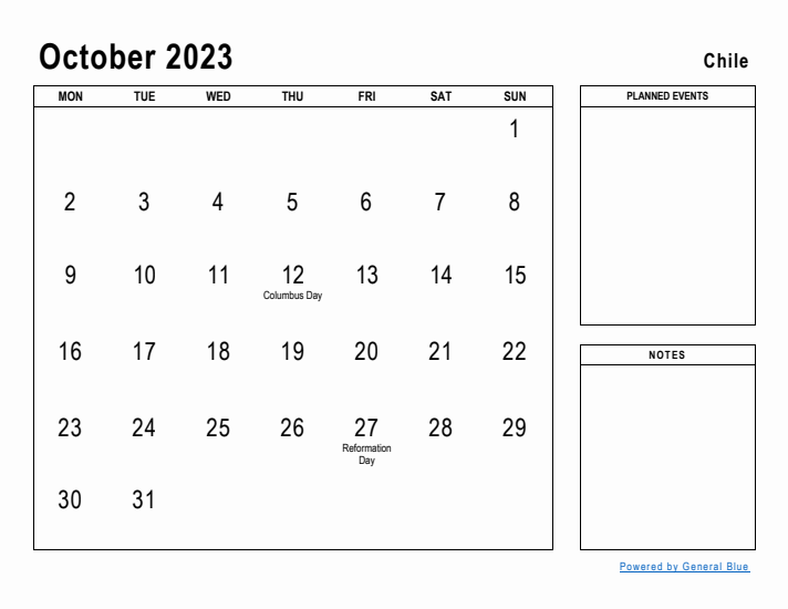 October 2023 Printable Monthly Calendar with Chile Holidays