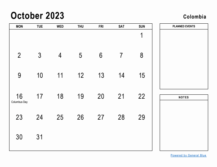 October 2023 Printable Monthly Calendar with Colombia Holidays