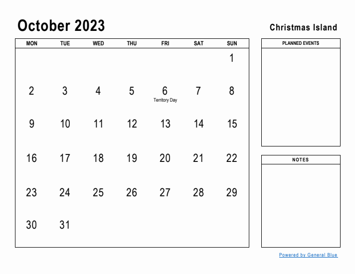 October 2023 Printable Monthly Calendar with Christmas Island Holidays