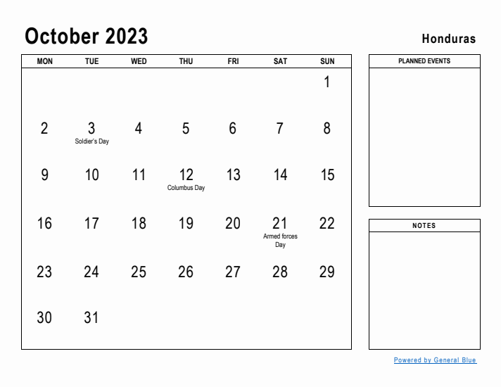 October 2023 Printable Monthly Calendar with Honduras Holidays