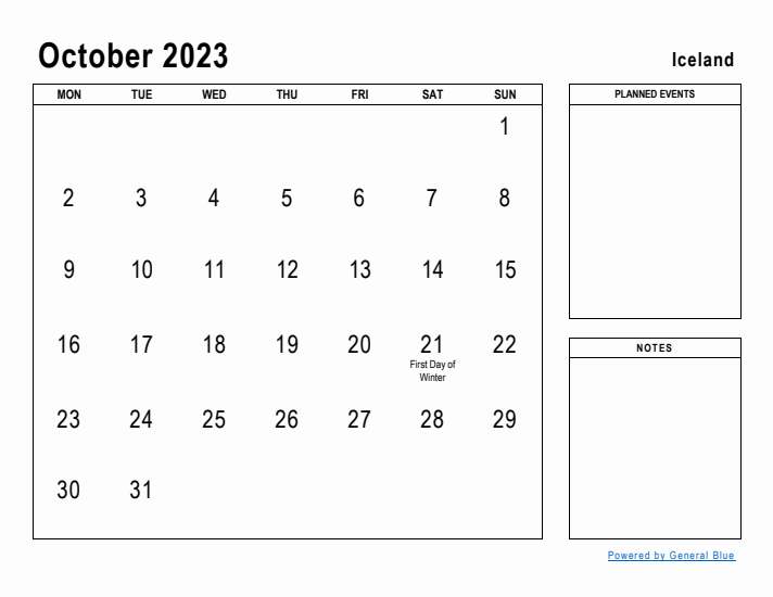 October 2023 Printable Monthly Calendar with Iceland Holidays