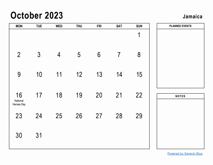 October 2023 Printable Monthly Calendar with Jamaica Holidays