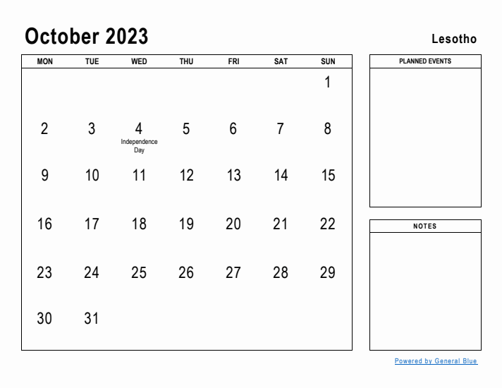 October 2023 Printable Monthly Calendar with Lesotho Holidays