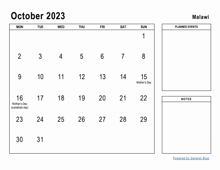 October 2023 Printable Monthly Calendar with Malawi Holidays