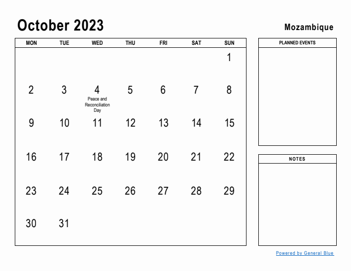 October 2023 Printable Monthly Calendar with Mozambique Holidays