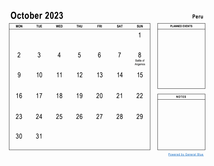 October 2023 Printable Monthly Calendar with Peru Holidays