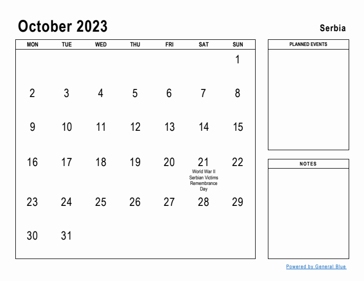 October 2023 Printable Monthly Calendar with Serbia Holidays