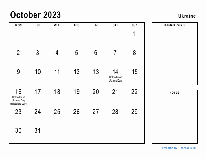 October 2023 Printable Monthly Calendar with Ukraine Holidays