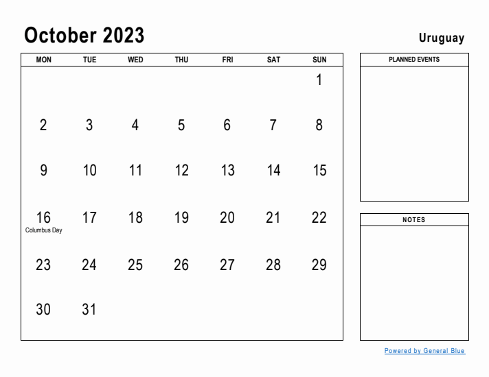 October 2023 Printable Monthly Calendar with Uruguay Holidays