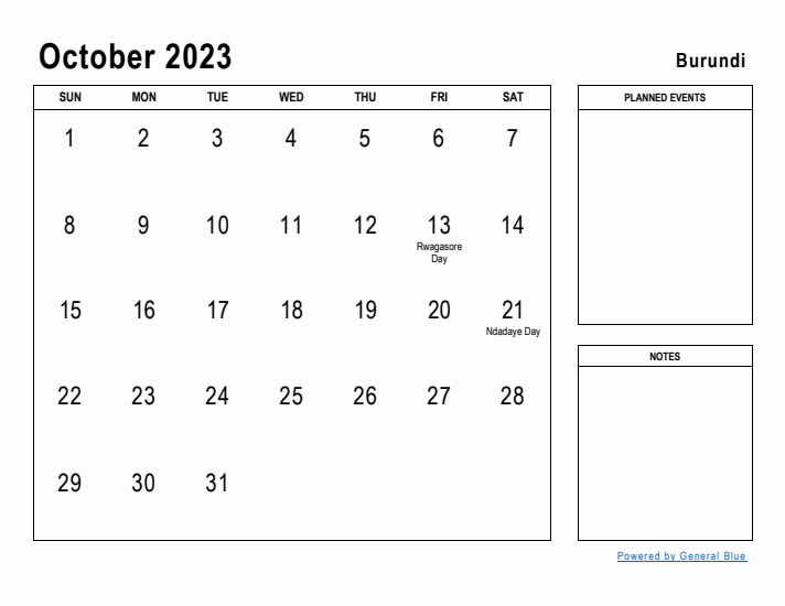 October 2023 Printable Monthly Calendar with Burundi Holidays