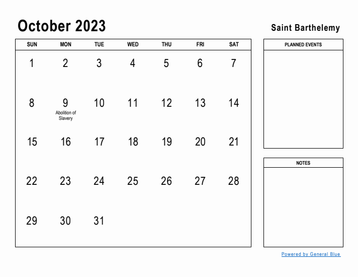 October 2023 Printable Monthly Calendar with Saint Barthelemy Holidays