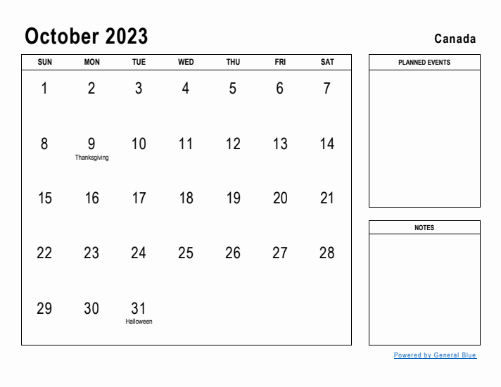 October 2023 Printable Monthly Calendar with Canada Holidays