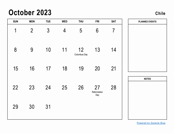 October 2023 Printable Monthly Calendar with Chile Holidays