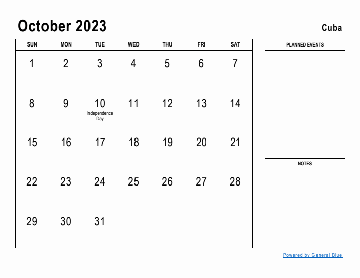 October 2023 Printable Monthly Calendar with Cuba Holidays