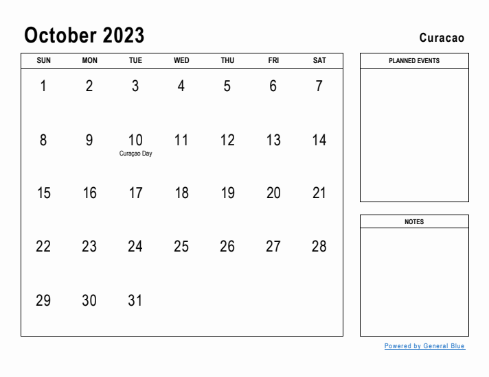 October 2023 Printable Monthly Calendar with Curacao Holidays