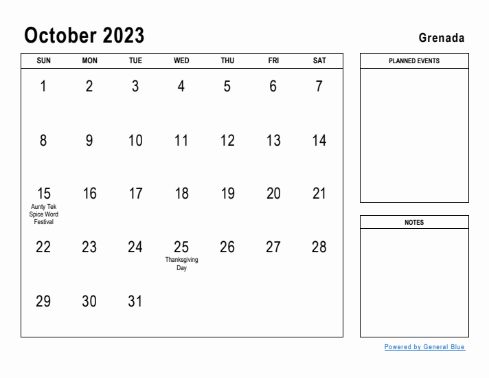 October 2023 Printable Monthly Calendar with Grenada Holidays