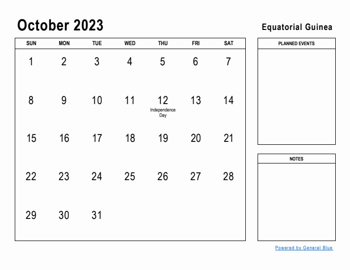 October 2023 Printable Monthly Calendar with Equatorial Guinea Holidays