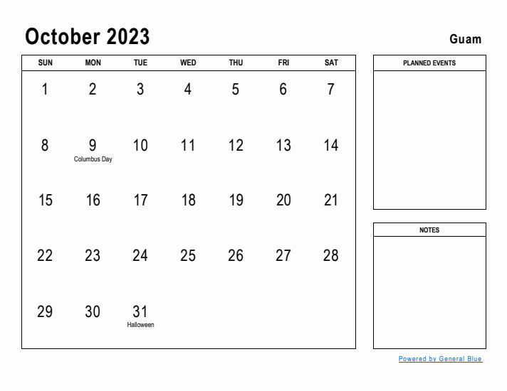 October 2023 Printable Monthly Calendar with Guam Holidays