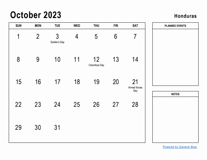 October 2023 Printable Monthly Calendar with Honduras Holidays