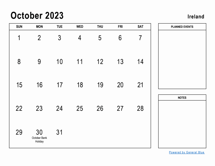 October 2023 Printable Monthly Calendar with Ireland Holidays